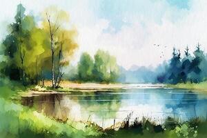 landskap skog och skog sjö med flygande fåglar, vattenfärg målning på texturerad papper. digital vattenfärg målning. generativ ai foto