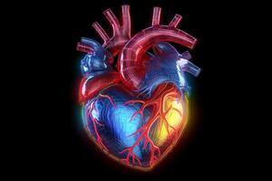 realistisk anatomisk mänsklig hjärta. svart bakgrund. generativ ai foto