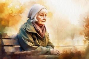enda äldre kvinna på parkera bänk, vattenfärg målning på texturerad papper. digital vattenfärg målning. generativ ai foto