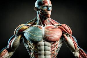 anatomi, mänsklig muskler på en mörk bakgrund. generativ ai foto