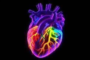 realistisk anatomisk mänsklig hjärta. svart bakgrund. generativ ai foto