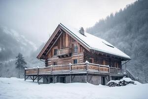 en berg lyx hotell, en åka skidor hotell mot en bakgrund av snötäckt berg. generativ ai foto
