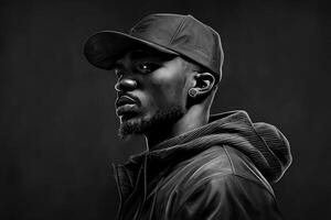 svart rappare musiker. porträtt av en ung svart manlig Afroamerikan mot en mörk bakgrund. generativ ai foto