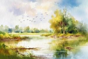 landskap skog och skog sjö med flygande fåglar, vattenfärg målning på texturerad papper. digital vattenfärg målning. generativ ai foto