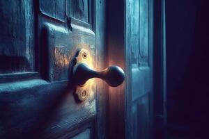 årgång blå dörr med nyckelhål och ljus glöd. generativ ai foto