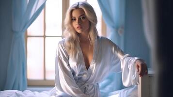 charmig blond flicka i en vit genomskinlig morgonrock i de sovrum på de säng i de morgon. generativ ai foto