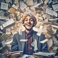 muslim arab studerande, man leende och spridning papper. generativ ai foto
