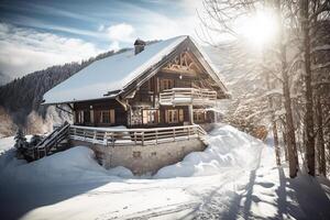 en berg lyx hotell, en åka skidor hotell mot en bakgrund av snötäckt berg. generativ ai foto