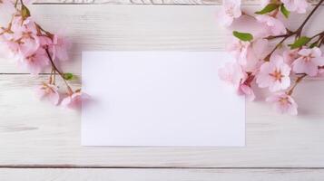 topp se av tom vit papper kort attrapp och rosa blomma gren på trä- textur tabell, generativ ai. foto