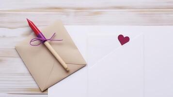 bröllop inbjudan kort kuvert attrapp med mycket liten hjärta och garn insvept penna på trä- textur tabell topp. generativ ai. foto
