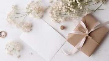 minimal bröllop brevpapper tabell topp attrapp som rustik gåva låda, tom papper och Gypsophila blommor grenar. generativ ai. foto