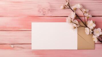 topp se av tom vit papper kort, kraft kuvert attrapp och blomma gren på trä- textur tabell, generativ ai. foto