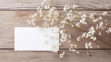 tom vit papper kort attrapp och mycket liten blommor eller Gypsophila gren på trä- tabell topp, generativ ai. foto