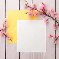 hälsning kort, kuvert attrapp och skön blomma gren på vit trä- tabell topp. generativ ai. foto