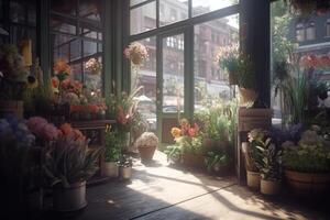 solljus strålar inuti blomma affär interiör, blommig design studio, generativ ai. foto