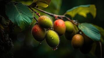 stänga skott av kiwifruits på träd gren, organisk bakgrund skapas förbi generativ ai teknologi. foto