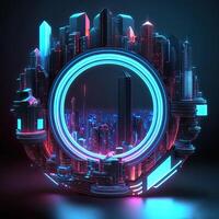 trogen av neon lysande i cirkulär form, stadsbild. cyberpunk i byggnader se med digital design. generativ ai. foto