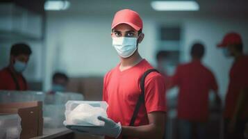 indisk leverans pojke bär röd t-shirt med medicinsk mask under arbetssätt på arbetsplats. generativ ai. foto