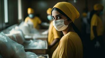 närbild av indisk leverans flicka bär enhetlig och mask under paket förpackning innan frakt, generativ ai. foto