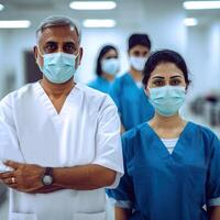 porträtt av mitten åldrig manlig och kvinna läkare bär masker medan stående tillsammans i hall av sjukhus, generativ ai. foto