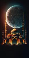 Fantastisk arkitektur design av gyllene muslim moské, måne planet, ramadan mubarak begrepp, generativ ai. skinande lampor. foto