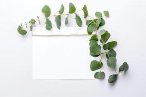 vår eller sommar, natur sammansättning bakgrund med eukalyptus löv med papper ark. generativ ai illustration. foto
