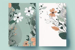botaniska sammansättning vertikal bakgrund eller kort design med blommor och löv. generativ ai illustration. foto