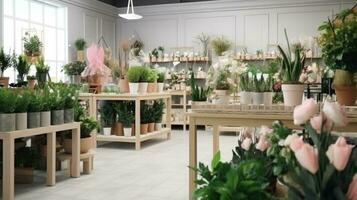 skön blomsterhandlare affär interiör, blommig design studio. generativ ai. foto