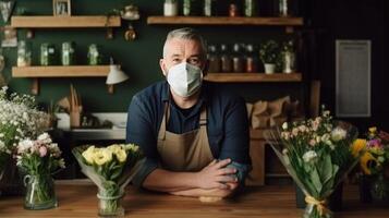 porträtt av mitten åldrig manlig blomsterhandlare bär mask på hans Lagra, generativ ai. foto