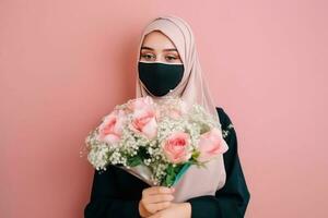 porträtt av arab kvinna bär mask och innehav skön bukett, generativ ai. foto