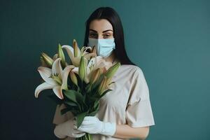 porträtt av ung kvinna bär mask och innehav liljor bukett, generativ ai. foto