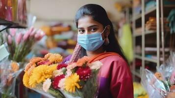 närbild porträtt av indisk kvinna blomsterhandlare bär mask medan arbetssätt i henne affär, generativ ai. foto