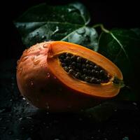 slående fotografi av saftig papaya skära bit med frön och grön löv på mörk bakgrund. generativ ai. foto