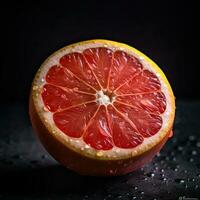 slående fotografi av ett halv saftig grapefrukt på mörk bakgrund, generativ ai. foto