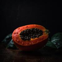 slående fotografi, bit av saftig papaya med frön på mörk bakgrund. generativ ai. foto
