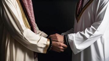 framgångsrik av arab företag partner handslag tillsammans i modern kontor.partnerskap godkännande och tack gest begrepp. ai generativ. foto