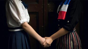 vänlig eller tillfällig handslag mellan Frankrike kvinnor i deras traditionell klädsel. generativ ai. foto