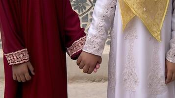 vänlig eller tillfällig handslag mellan islamic kvinnor i deras traditionell klädsel. generativ ai. foto
