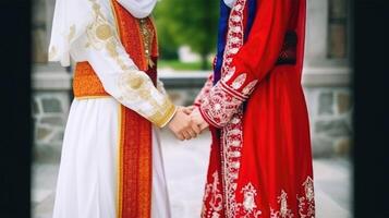 vänlig eller tillfällig handslag mellan mångkulturell asiatisk kvinnor i deras traditionell klädsel. generativ ai. foto