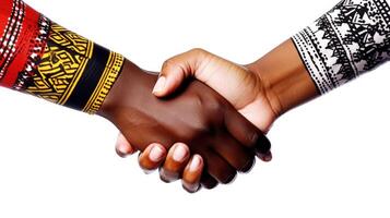 vänlig eller tillfällig handslag mellan interracial personer. generativ ai. foto