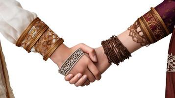 vänlig eller tillfällig handslag mellan arab kulturell kvinnor i deras traditionell klädsel. generativ ai. foto