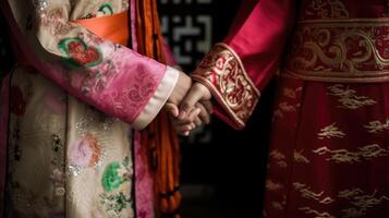 vänlig eller tillfällig handslag mellan kinesisk kvinnor i deras traditionell klädsel. generativ ai. foto