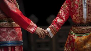 vänlig eller tillfällig handslag mellan indonesiska kvinnor i deras traditionell klädsel. generativ ai. foto