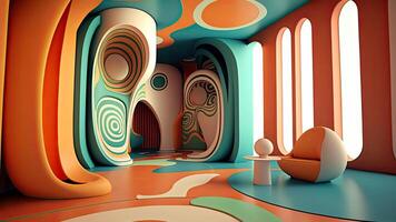 modern färgrik levande rum, op konst design, generativ ai. foto