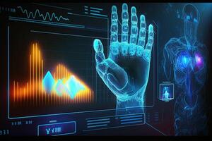 modern trogen enhet visa info läser in handflatan av robot. hög teknologisk digital medicin, generativ ai. foto