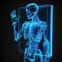 robot rörelse virtuell gränssnitt och manipulera element med robot hand. blå holografiska skärm artificiell intelligens begrepp. robotar kontrollera människor i de nära framtida. generativ ai foto
