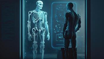 humanoid robot analyserar hologram bakgrund, digital konst stil. generativ ai. foto