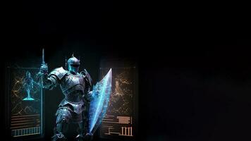 en cyborg innehav en trogen svärd med skydda, holografiska skärm på mörk bakgrund och kopia Plats. generativ ai. foto