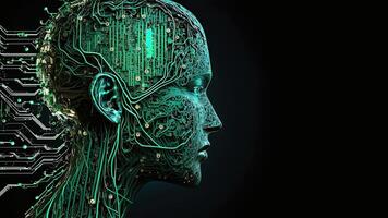 artificiell intelligens i humanoid huvud med neuralt nätverk, digital hjärna inlärning bearbetning stor data. ansikte av cyber sinne. generativ ai teknologi och Plats för din meddelande. foto