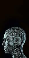 artificiell intelligens i humanoid huvud med neuralt nätverk, digital hjärna inlärning bearbetning stor data. ansikte av cyber sinne. generativ ai teknologi och Plats för din meddelande. foto